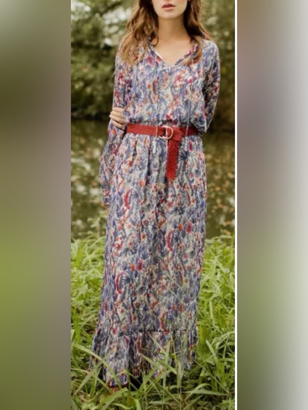 Suncoo Paris Maxi Dress Blue Floral Long Sleeve Ruffle Tie Neckline size Medium